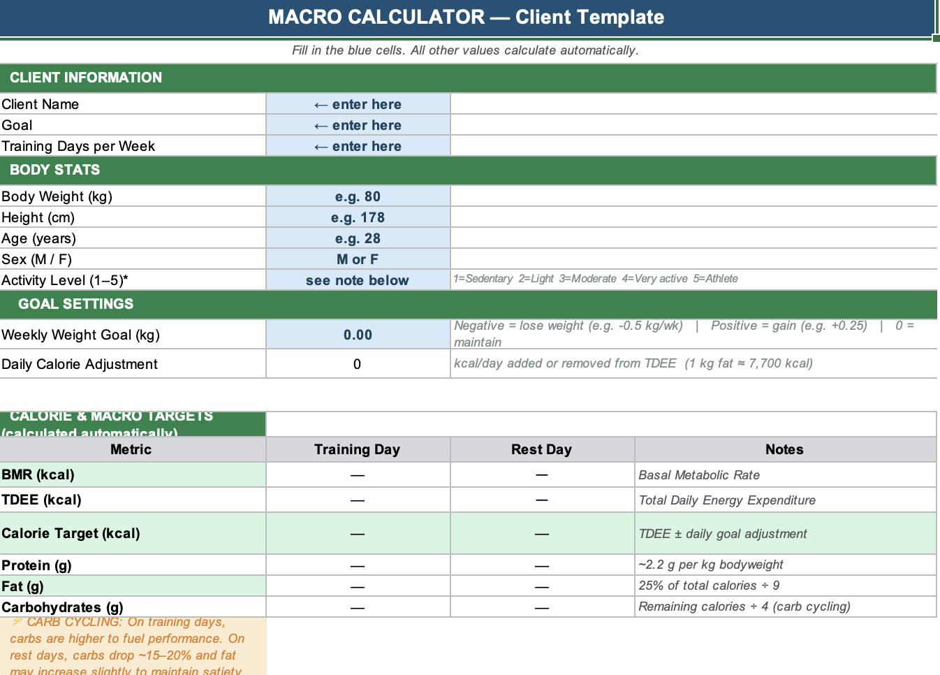 Meal Plan macro calculator template